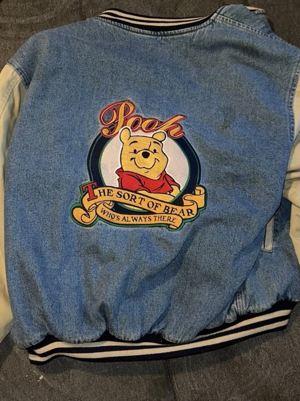 Vtg 90s Disney Store Winnie The Pooh Denim Varsity Jacket Medium No Bother Bear